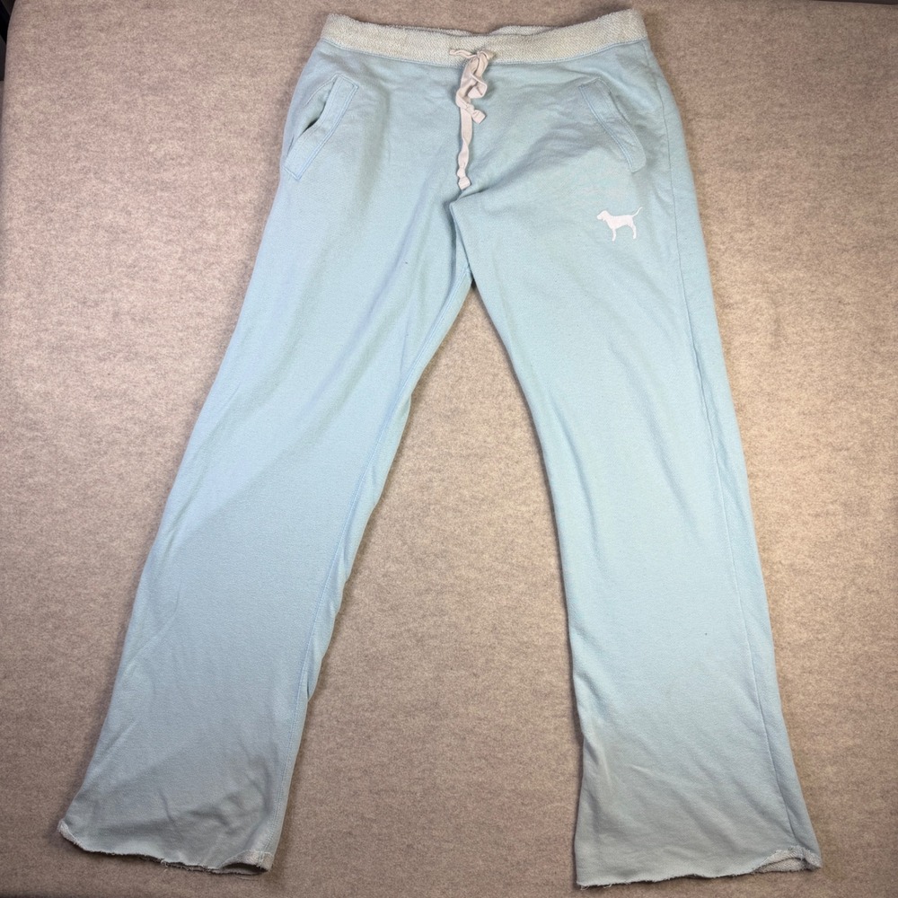 Pink Victoria's Secret Sweatpants Medium Light Blue Wide Leg Love Pink Graphic